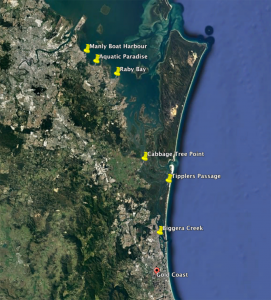 Satellite image showing dredging locations in southeast Queensland